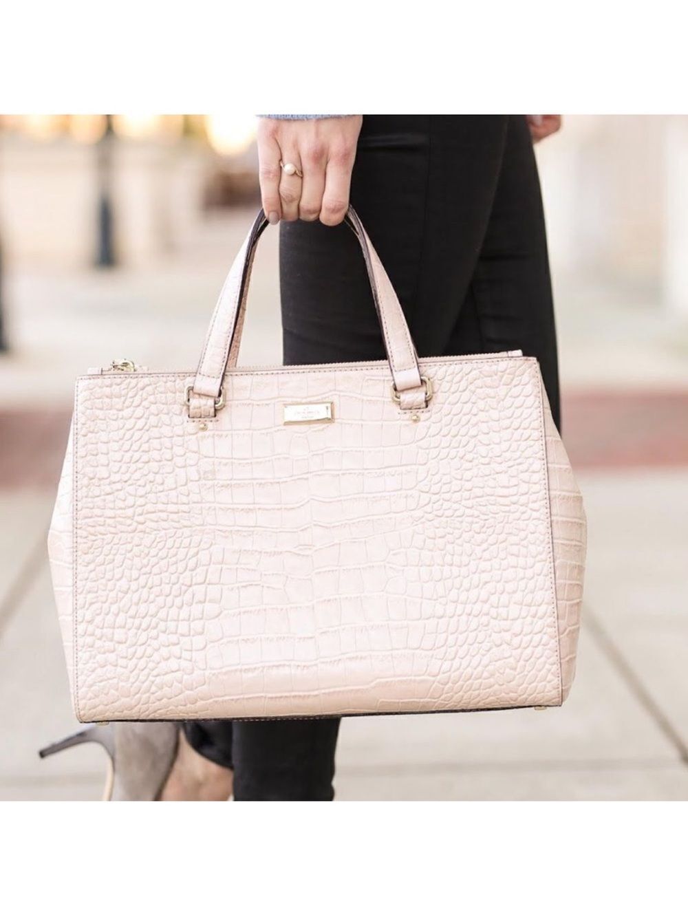 kate spade Ivory Croc Embossed Leather Large Satchel Crossbody Strap incl